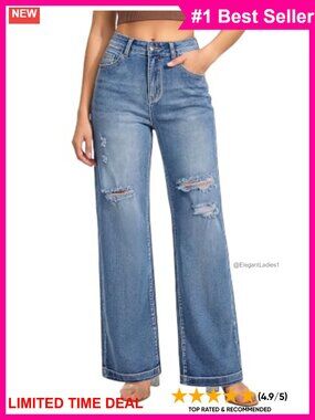 Wide Leg Baggy Stretchy Ripped Jeans High Rise Distressed Denim